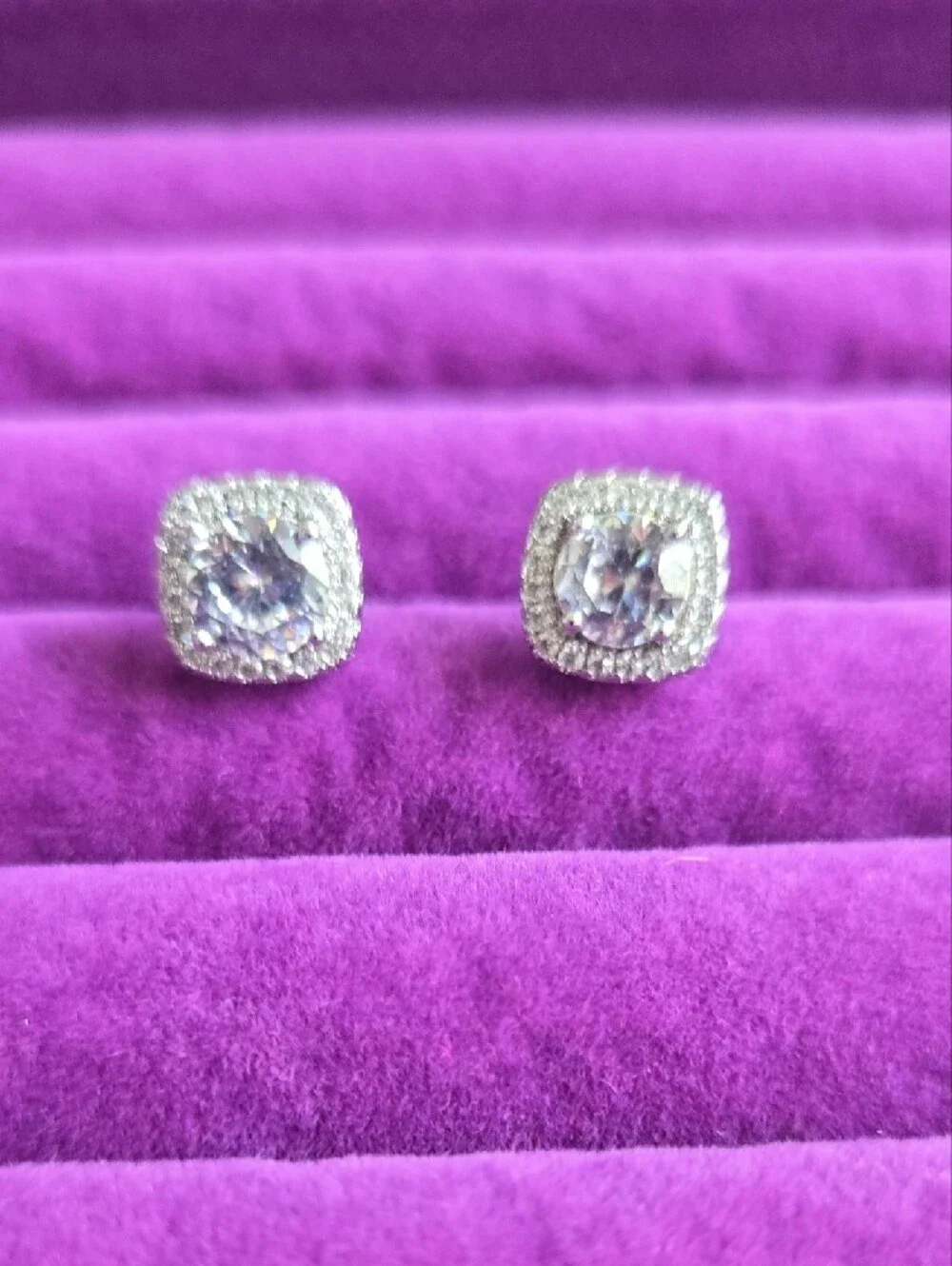 Classic Cushion Halo Cubic Moissanite Stud Earrings in Sterling Silver
